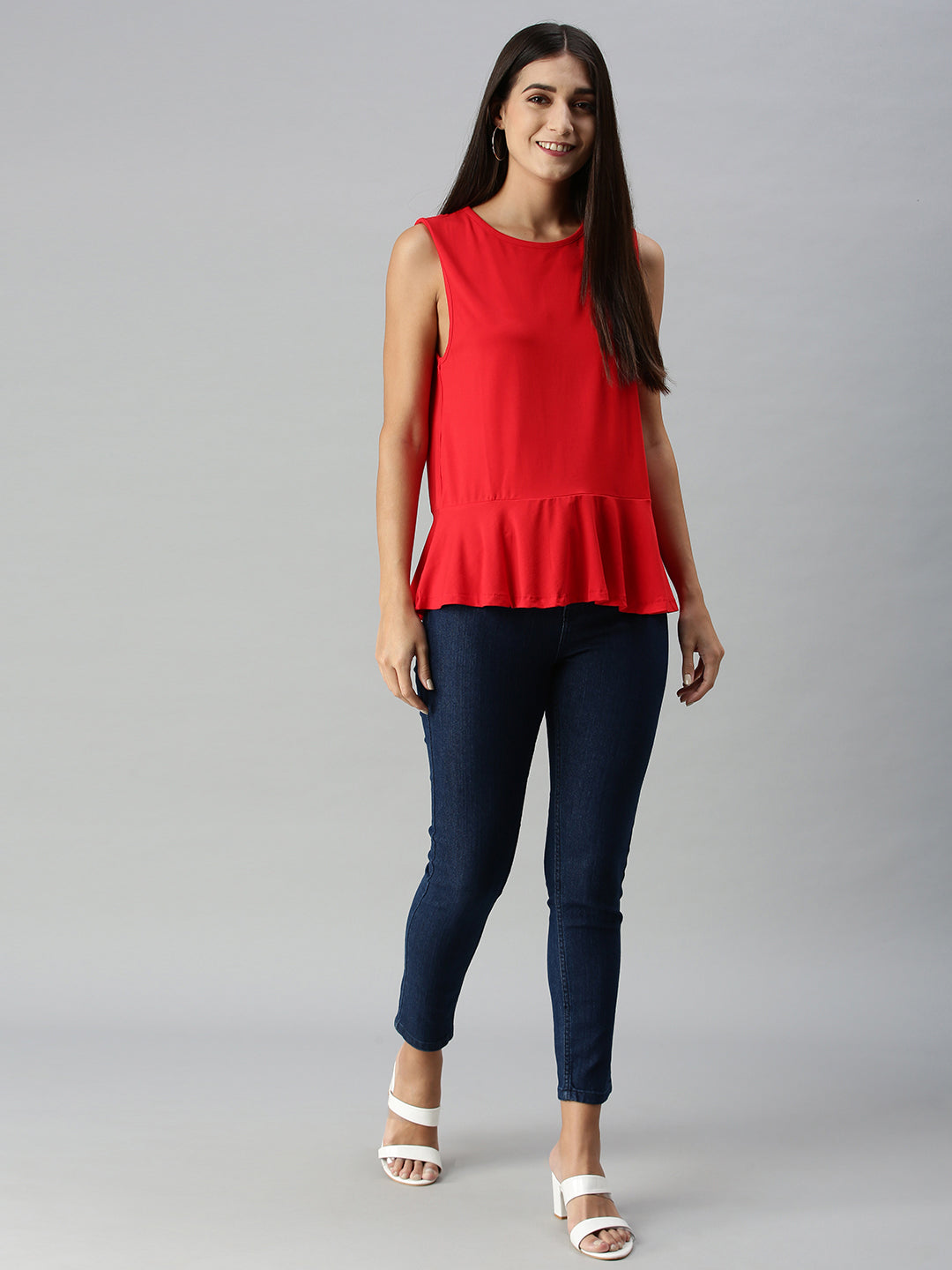 De Moza Ladies Peplum Top Solid Viscose Red - De Moza