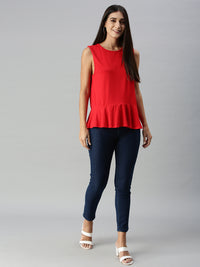 De Moza Ladies Peplum Top Solid Viscose Red - De Moza