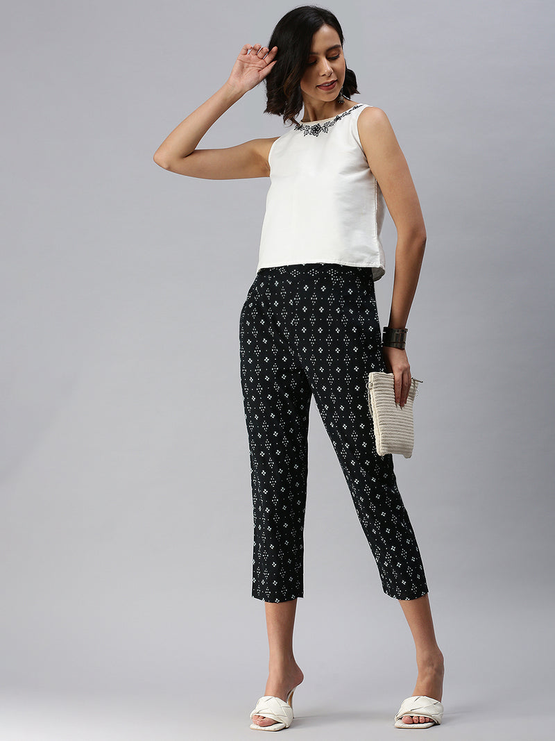De Moza Ladies Printed Straight Pant Black