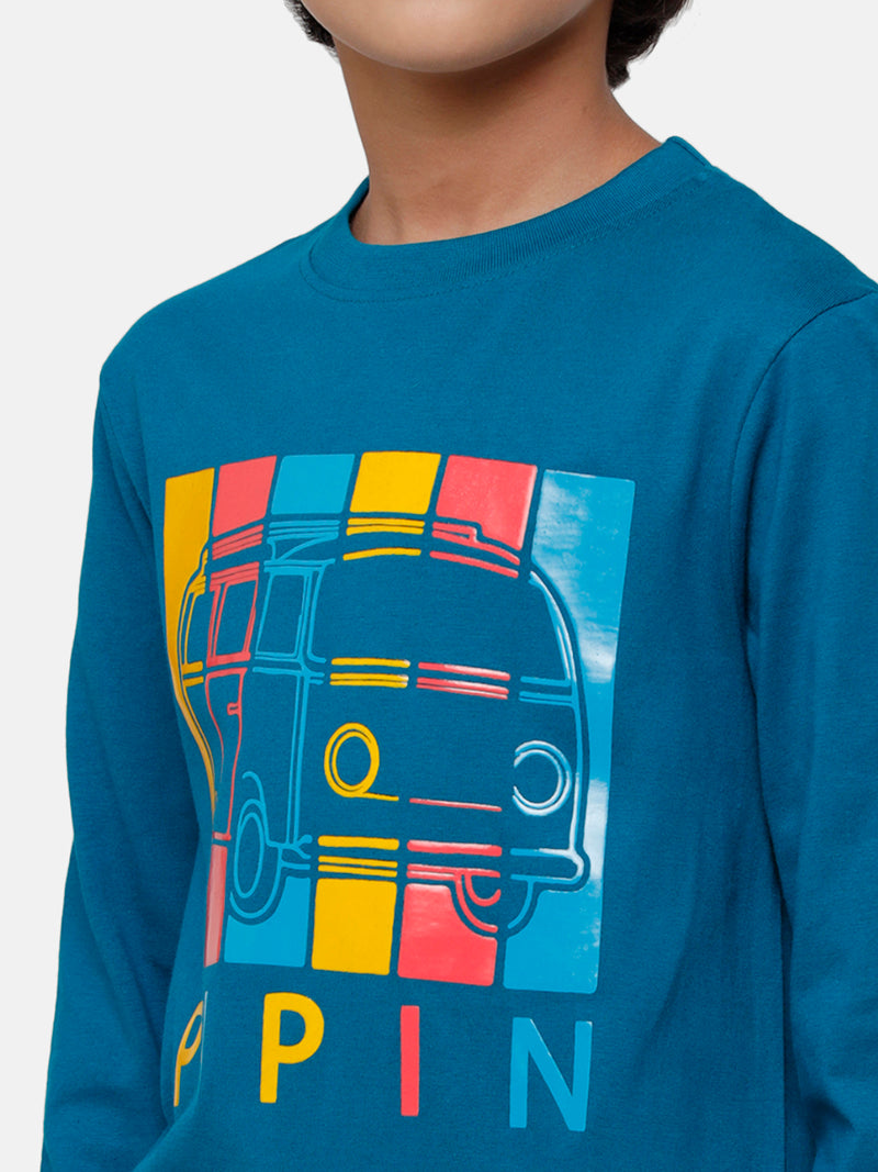 Kids - Boys Printed Full Sleeve T-Shirt Petrol