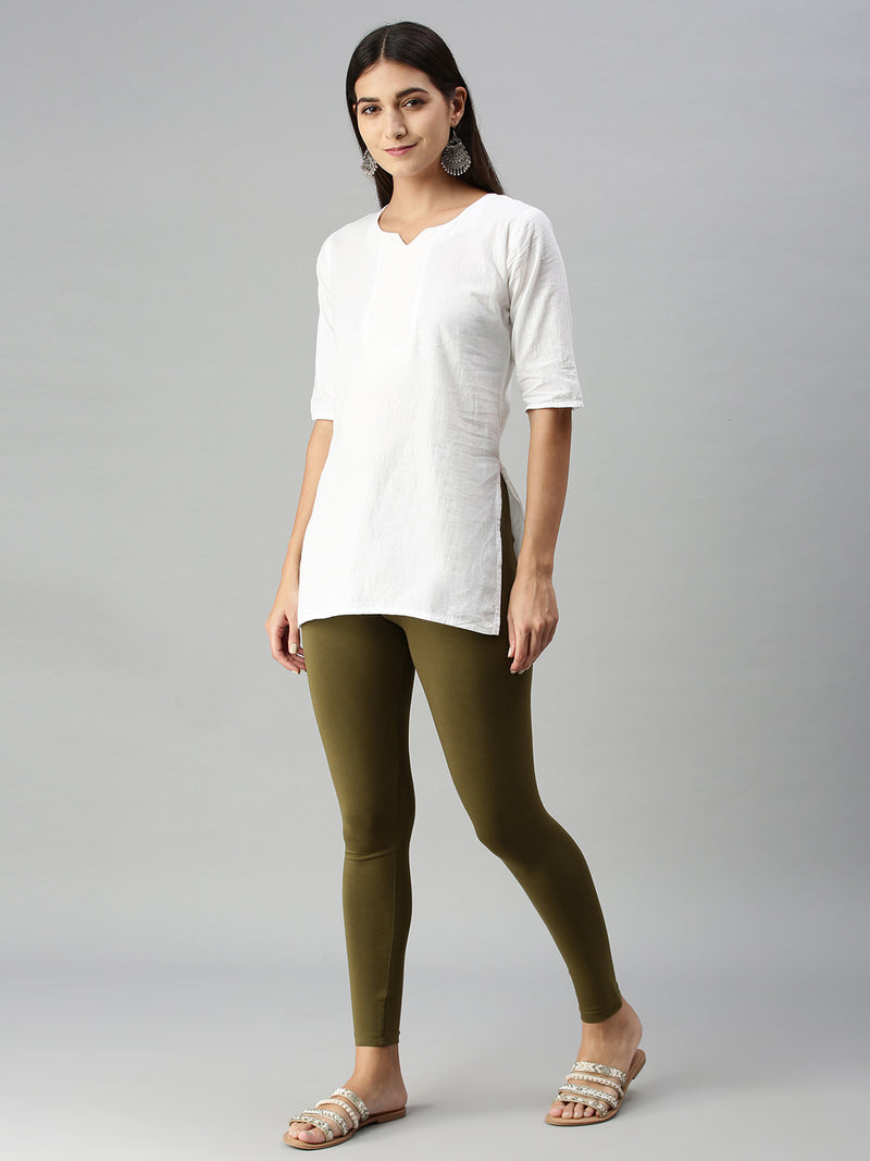 De Moza Ladies Ankle Length Leggings Solid Cotton Olive Green - De Moza