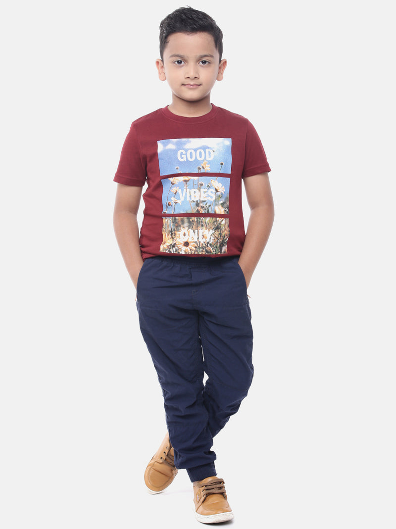 Kids - Boys Printed Half Sleeve T-Shirt Maroon