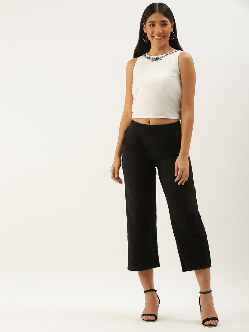 De Moza Ladies Palazzo with Embroidery Cotton Black - De Moza (6595157688383)