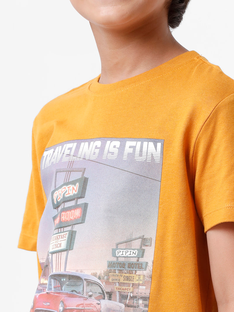 Kids - Boys Printed Half Sleeve T-Shirt Mustard