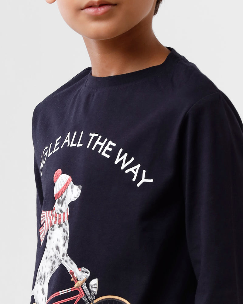 Kids - Boys Printed Full Sleeve T-Shirt Dark Navy Blue