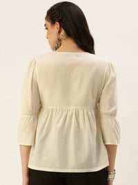 De Moza Women Sciffly Top Embroidery Cotton Offwhite - De Moza