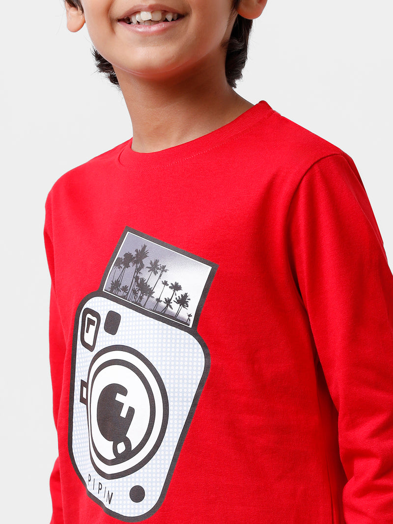 Kids - Boys Printed Full Sleeve T-Shirt Red