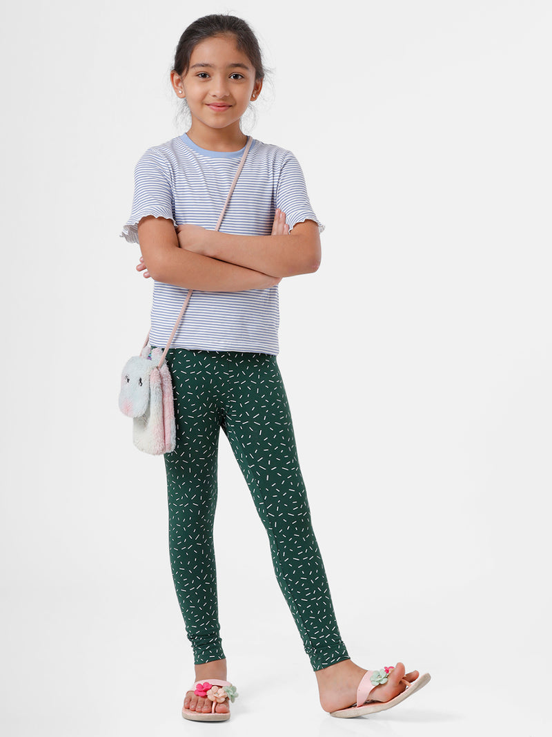 De Moza Kids - Girls Ankle Length Printed Leggings Viscose Green - De Moza