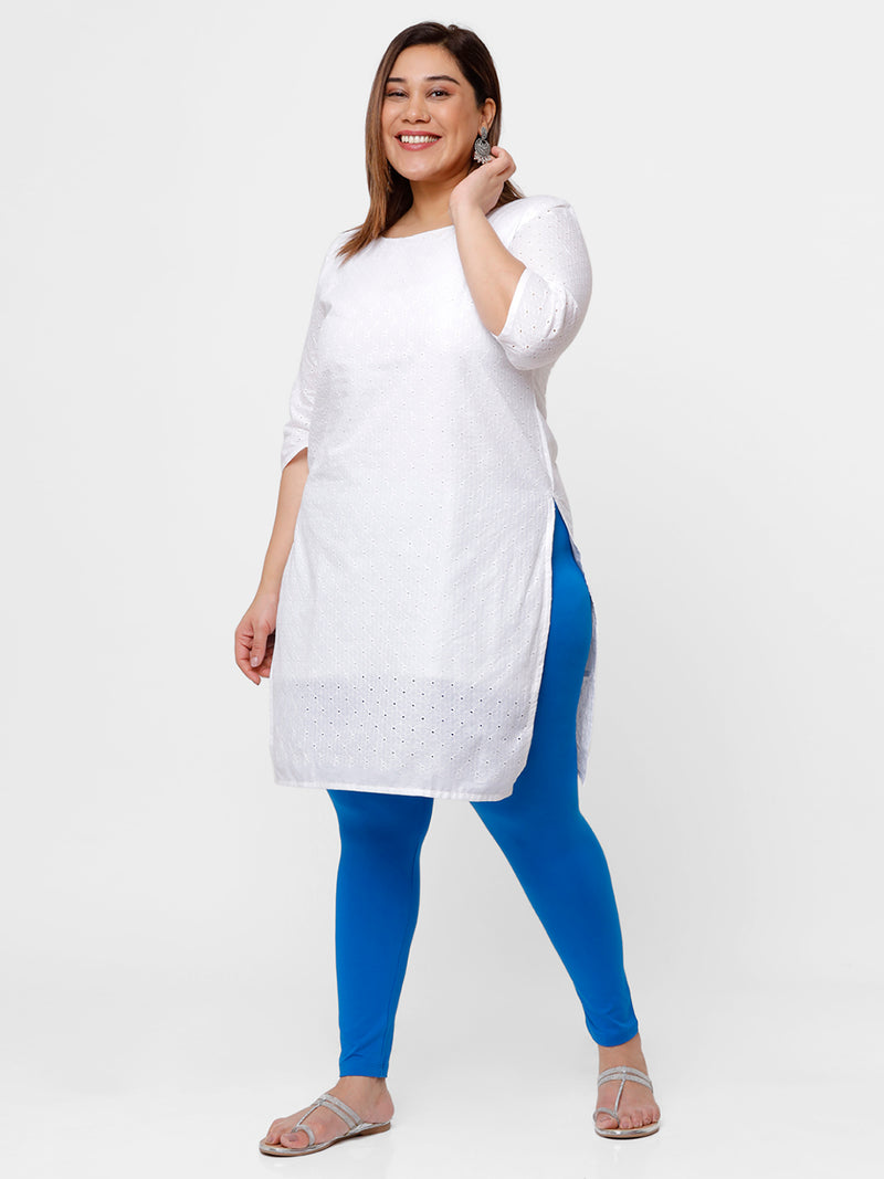 De Moza Ladies Plus Ankle Length Leggings Solid  Cotton Light Cobalt - De Moza