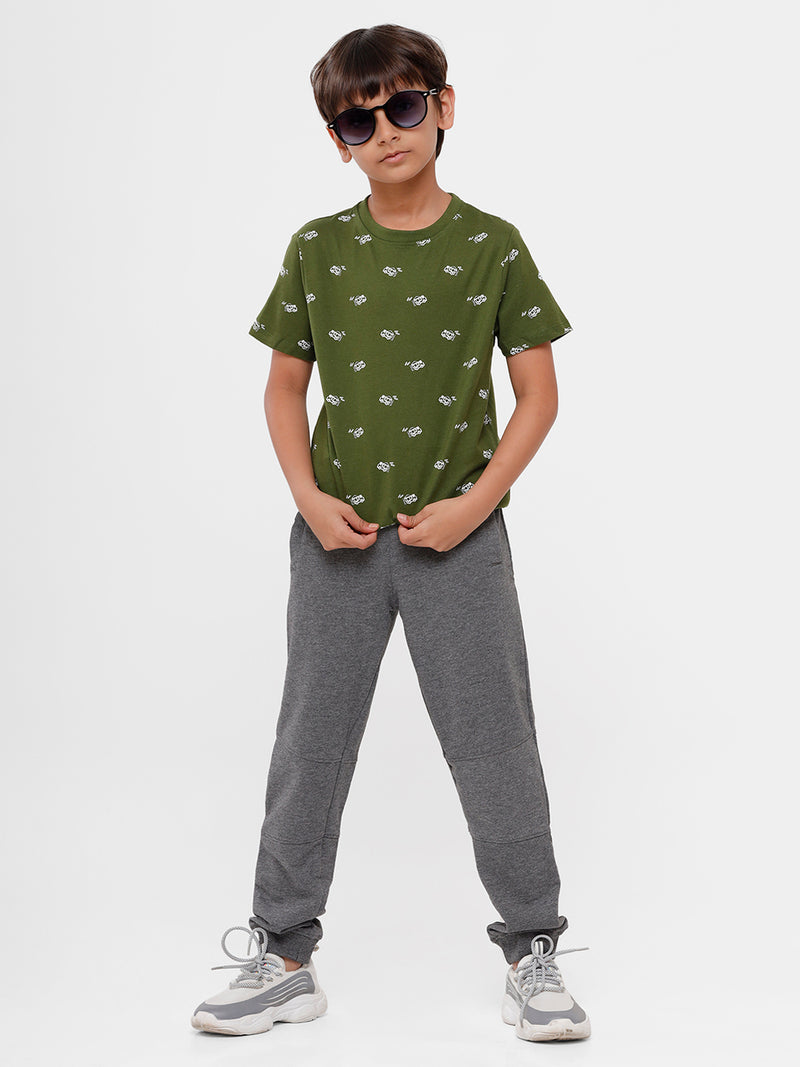 Kids - Boys Printed Half Sleeve T-Shirt Olive Green