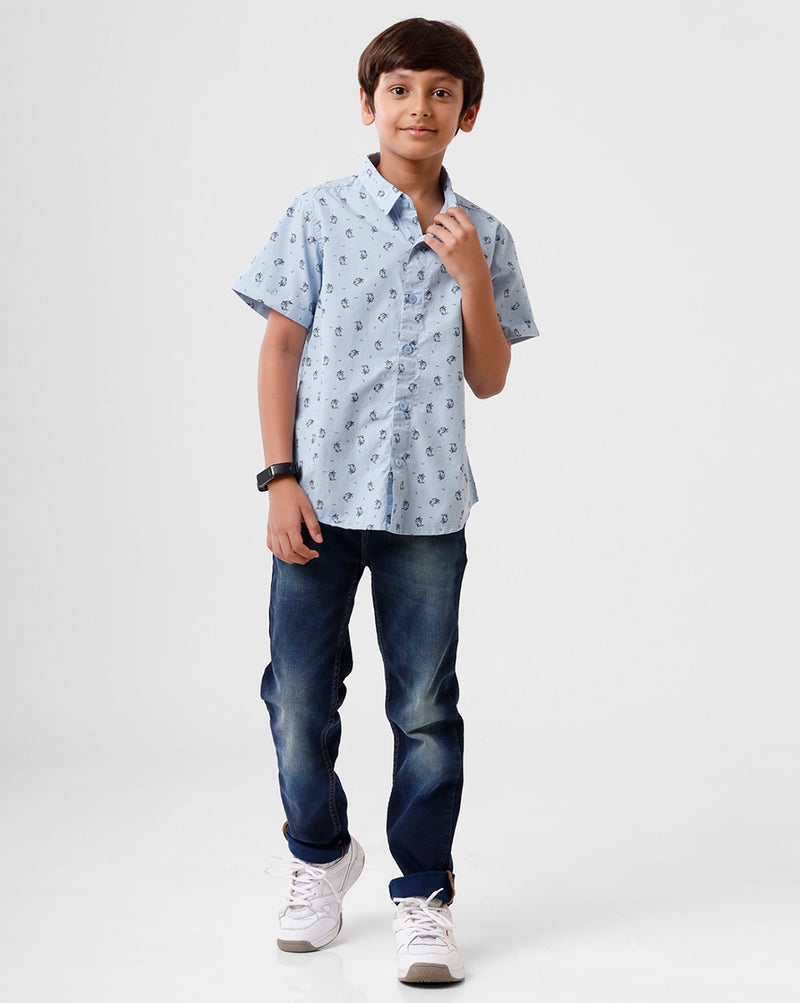 PIPIN Boys Shirt All Over Print Cotton Sky Blue - De Moza