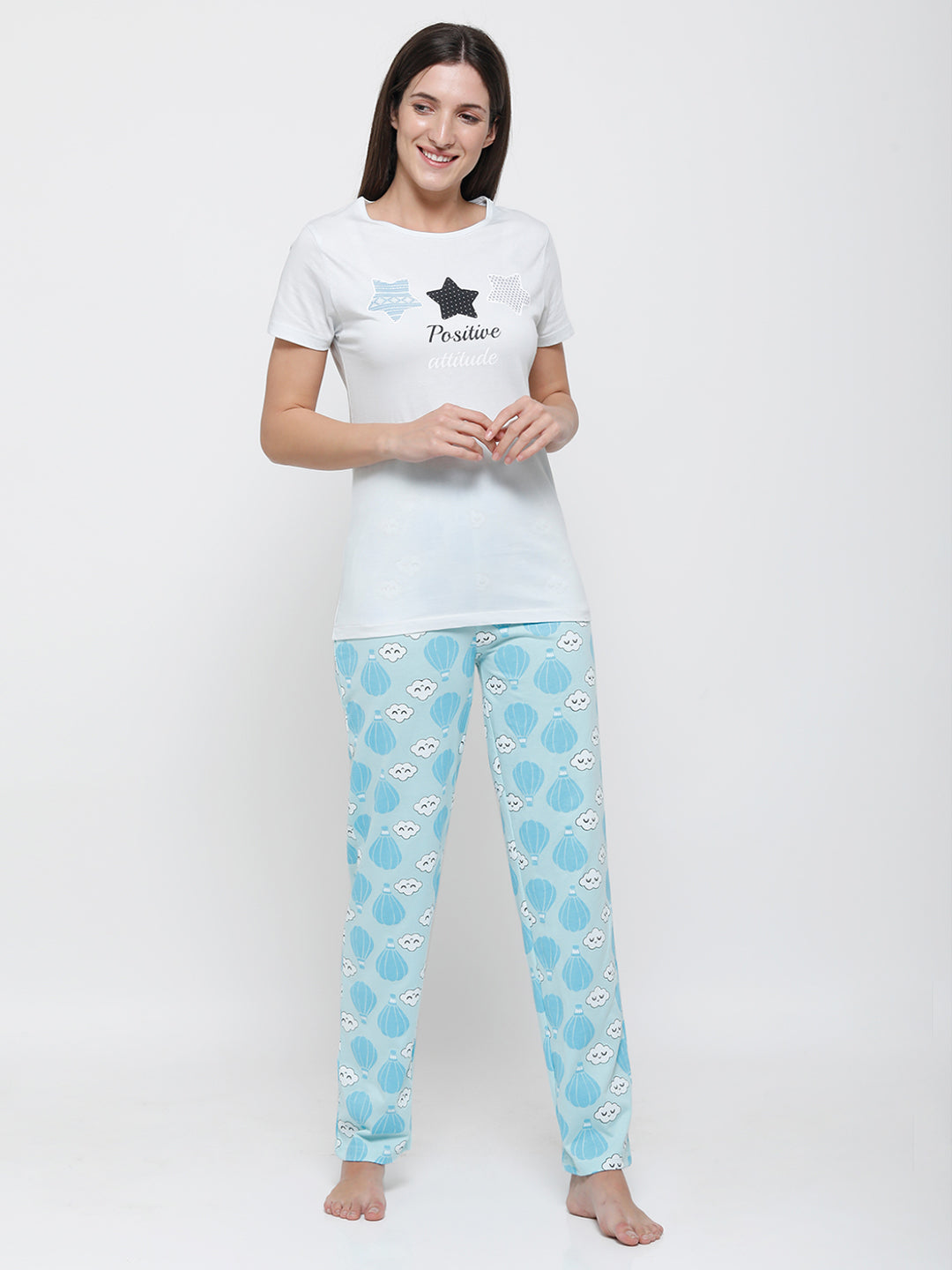 De Moza Ladies Printed Pyjama Tshirt Ice Blue