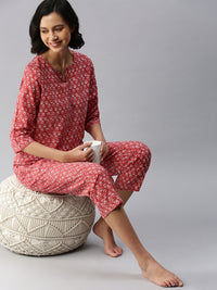 De Moza Ladies Printed Pyjama Set Dark Coral