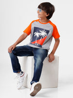 Kids - Boys Printed Half Sleeve T-Shirt Grey Melange