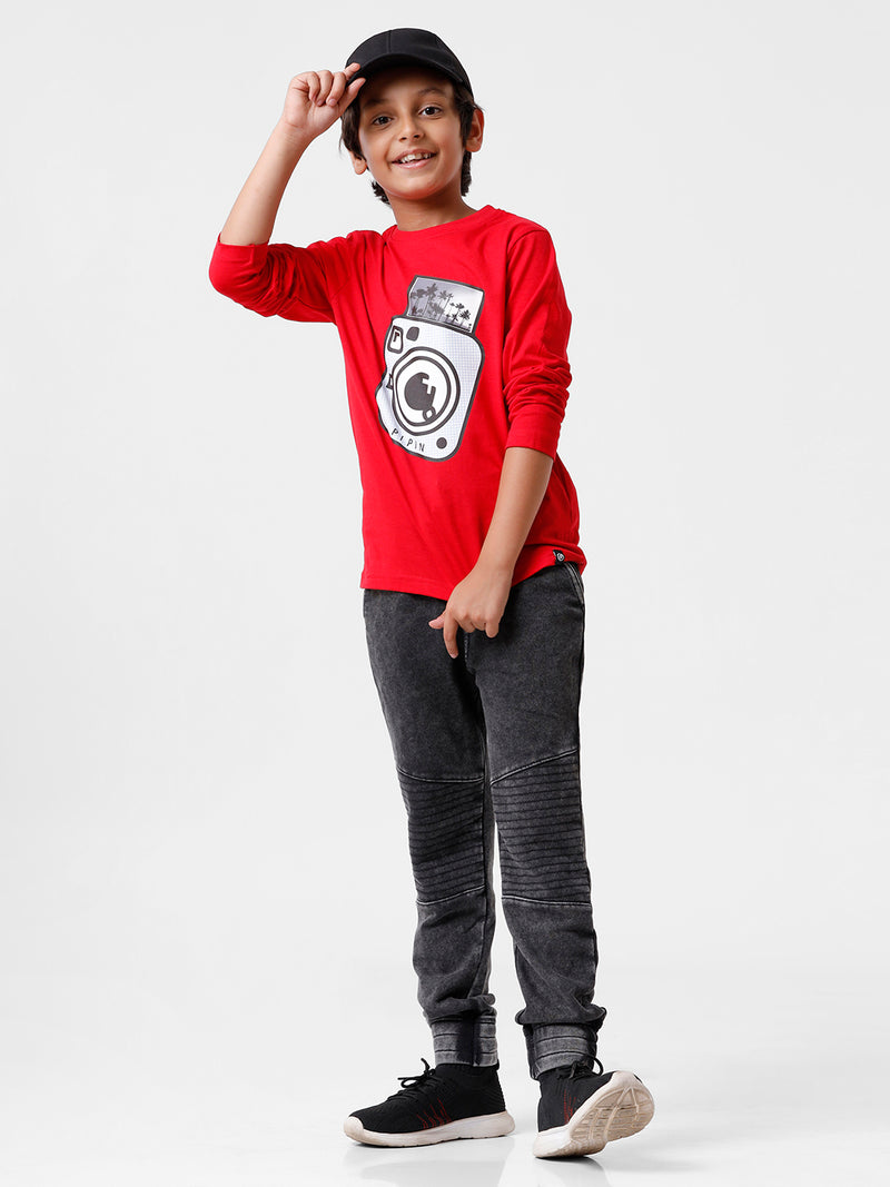 Kids - Boys Printed Full Sleeve T-Shirt Red