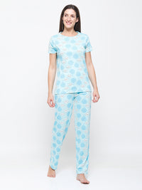 De Moza Ladies Printed Pyjama Set Light Blue  Pattern: All Over Print  Color: Light Blue  Rise: Mid    Fit: Regular Fit  Style: Lounge wear  Product Material: Cotton  The material is of a breathable quality to keep your relaxed. Comfiest fabric which is gentle on the skin, making it very comfortable to wear. Dress up in some fab fits that are so on trend.