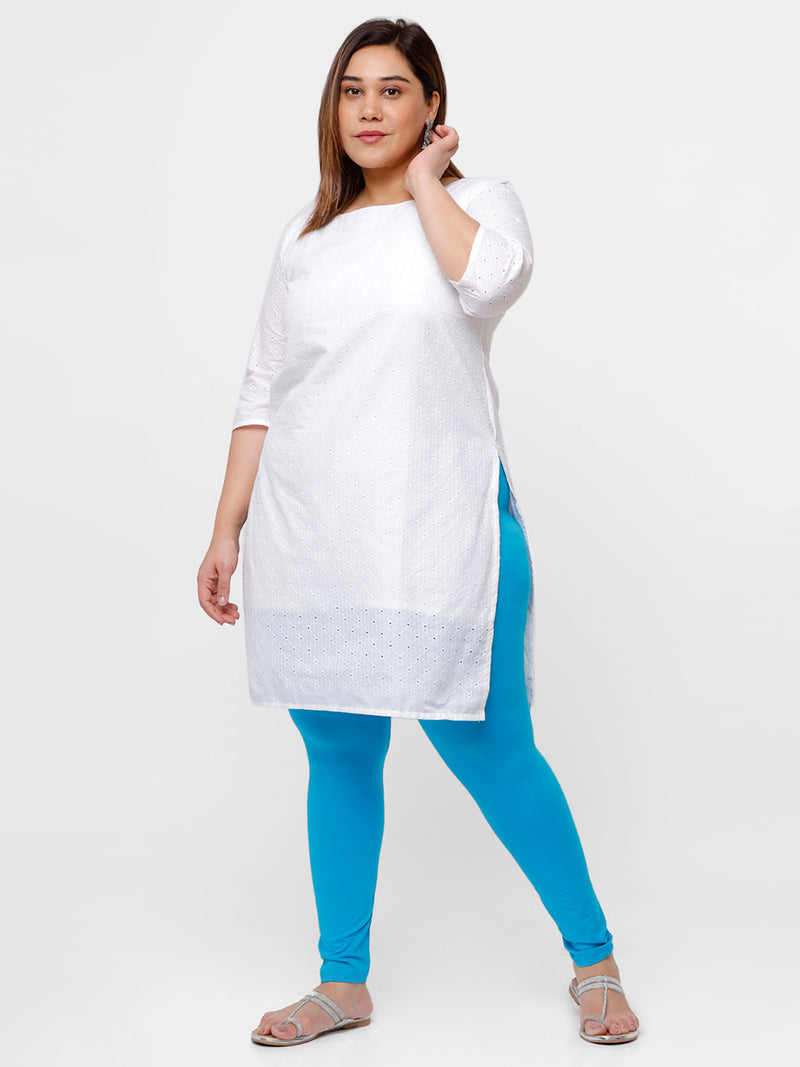 De Moza Ladies Plus Ankle Length Leggings Solid Cotton Light Blue - De Moza