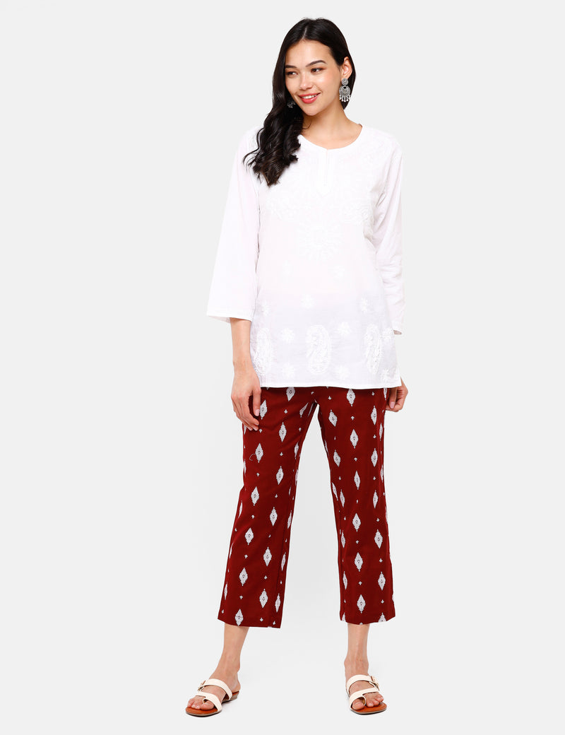 De Moza Ladies Printed Straight Pant Maroon