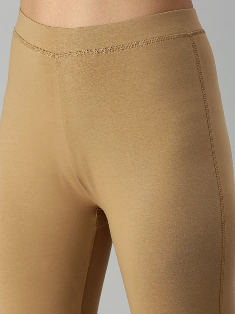 De Moza Ladies Ankle Length Leggings Solid Cotton Golden Beige - De Moza