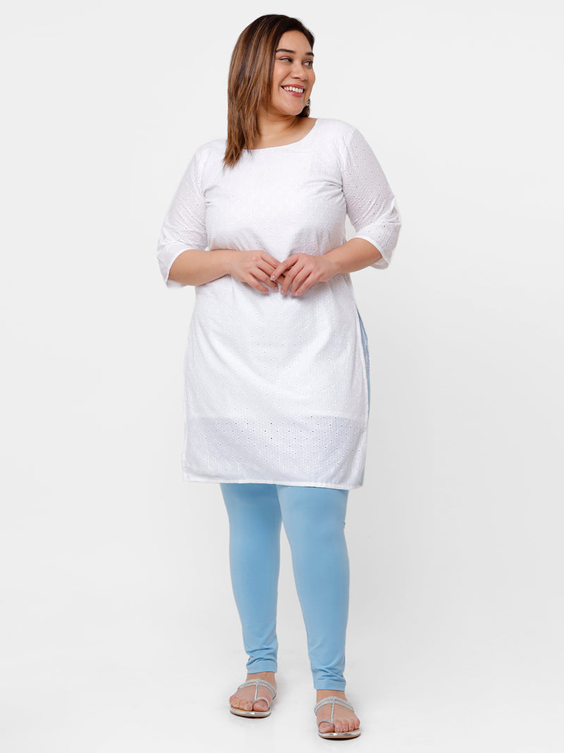 De Moza Ladies Plus Ankle Length Leggings Solid Cotton Sea Blue - De Moza