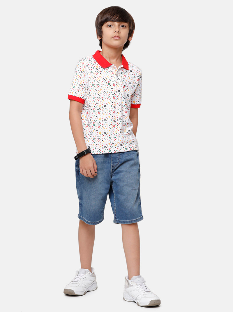 Kids - Boys Printed Half Sleeve T-Shirt White+Red