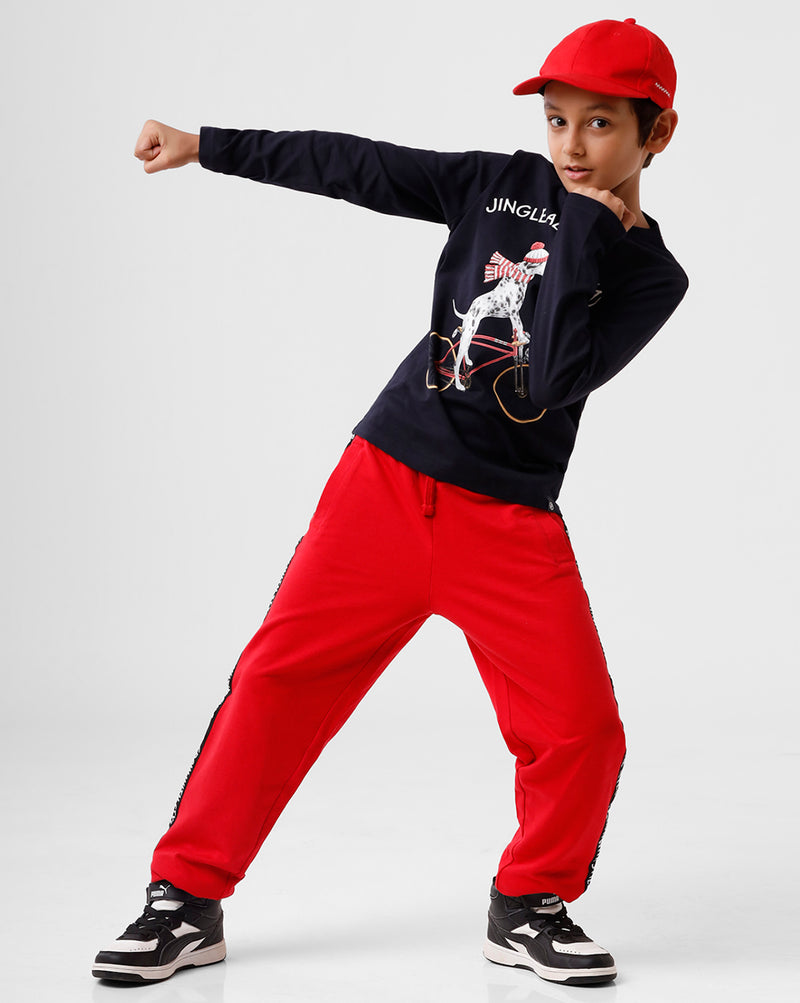 Kids - Boys Printed Full Sleeve T-Shirt Dark Navy Blue