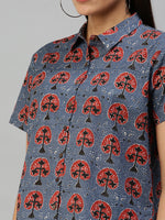 De Moza Women's Printed Half Sleeve Shirt Blue