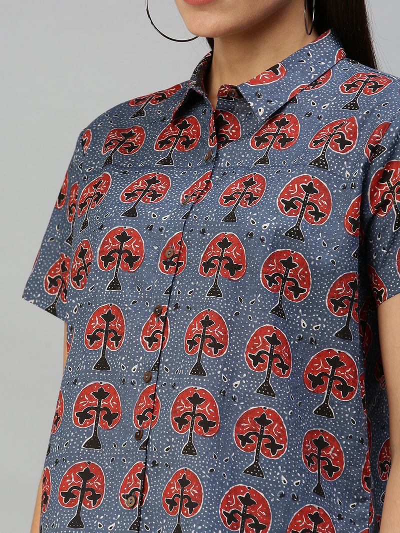 De Moza Women's Printed Half Sleeve Shirt Blue