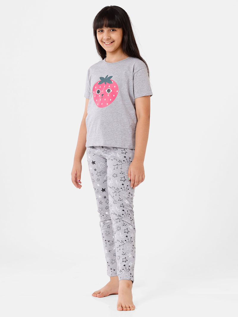Kids – Girls Printed Pyjama Set Grey Melange