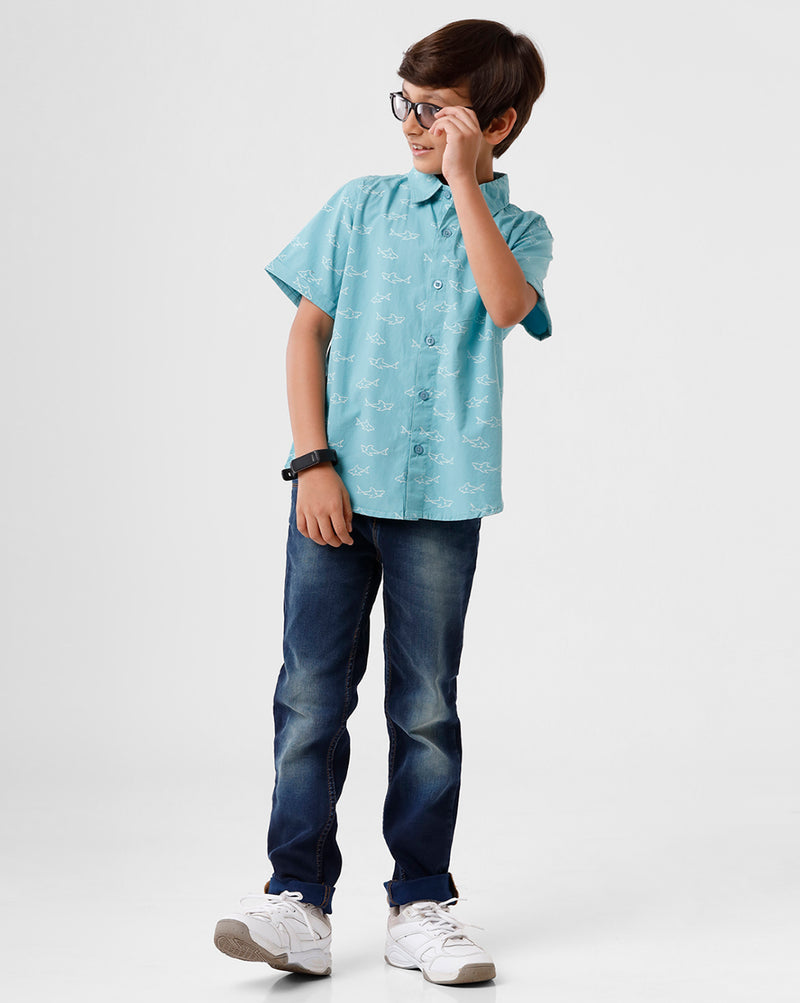 PIPIN Boys Shirt All Over Print Cotton Aqua - De Moza