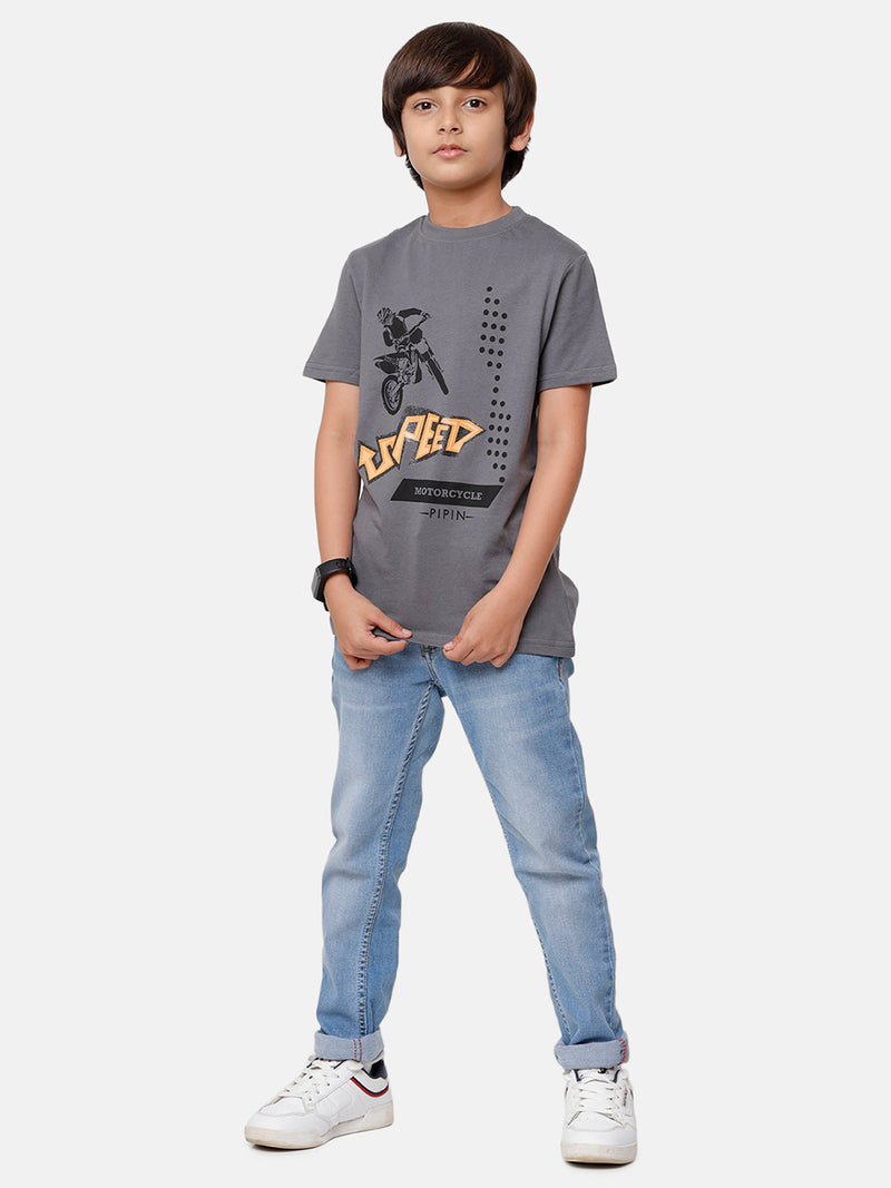 Kids - Boys Printed Half Sleeve T-Shirt Steel Grey