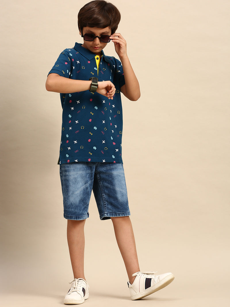 Kids - Boys Printed Half Sleeve T-Shirt Dark Blue