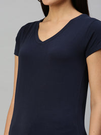 De Moza Womens Half Sleeve Knit Top Solid Cotton Dark Navy Blue - De Moza
