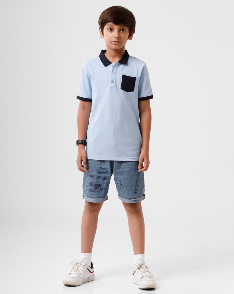 Kids - Boys Printed Half Sleeve T-Shirt Blue Melange