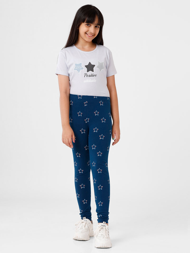 Kids – Girls Printed Ankle Leggings Blue Opal