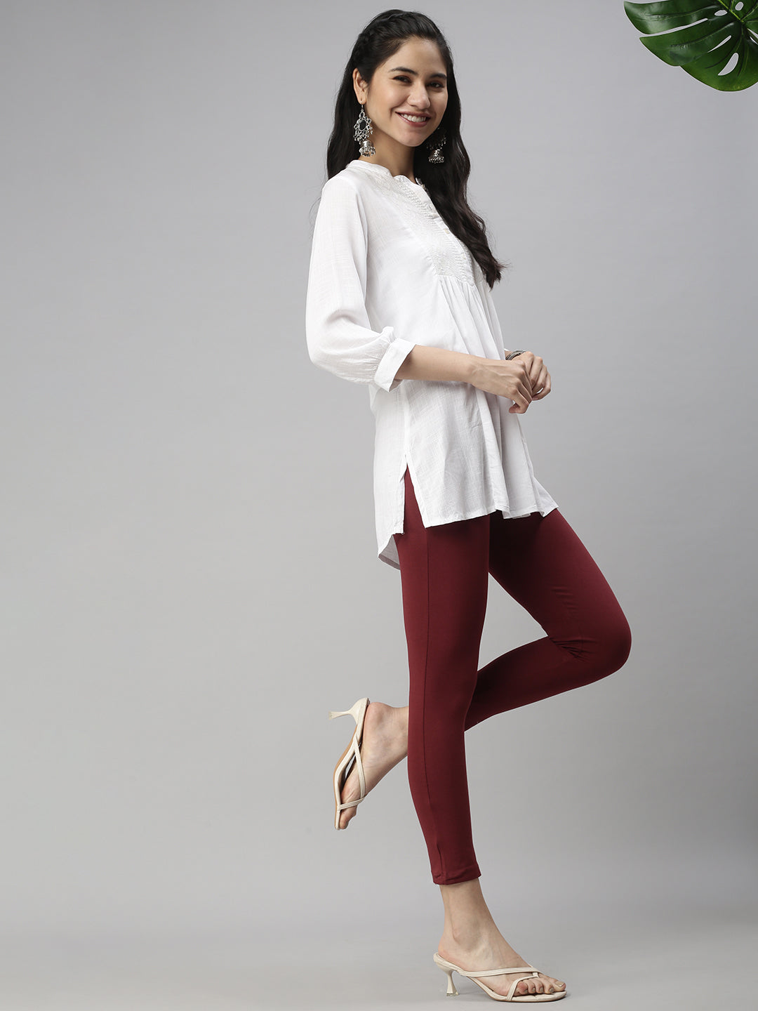 De Moza Womens 7/8Th Length Leggings Solid Cotton Maroon - De Moza