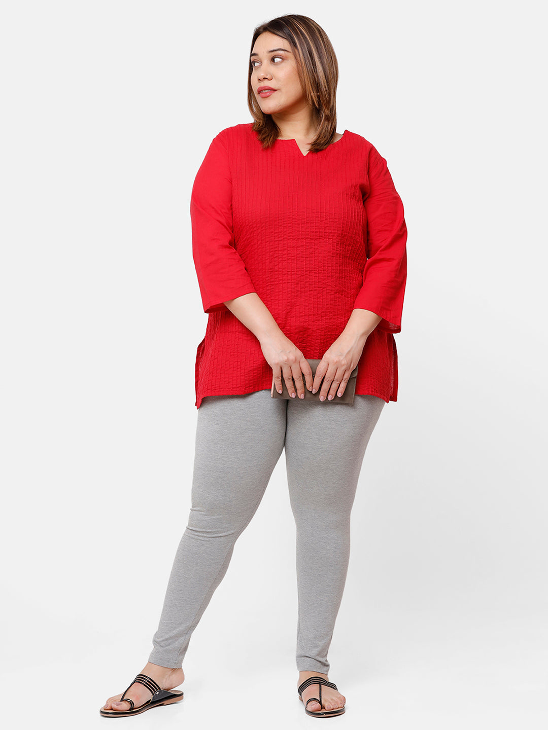 De Moza Ladies Plus Ankle Length Leggings Solid  Cotton Grey Melange - De Moza
