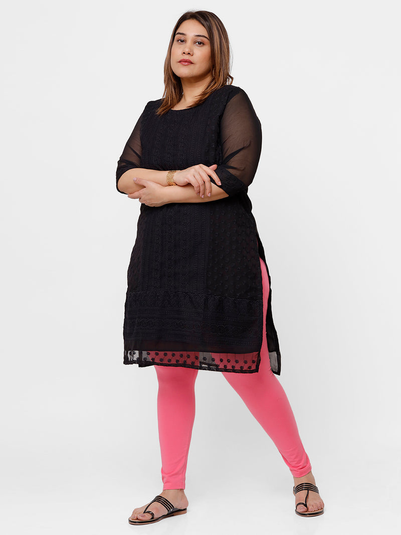 De Moza Ladies Plus Ankle Length Leggings Solid Cotton Rani Pink - De Moza