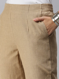 De Moza Women's Straight Pant Woven Bottom Yarn Dyed Cotton Beige - De Moza