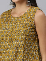 De Moza Womens Printed Peplum Top Cotton Mustard - De Moza