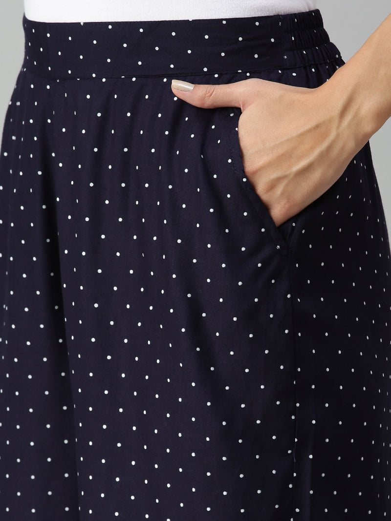 De Moza Ladies Printed Palazzo Rayon Navy Blue - De Moza