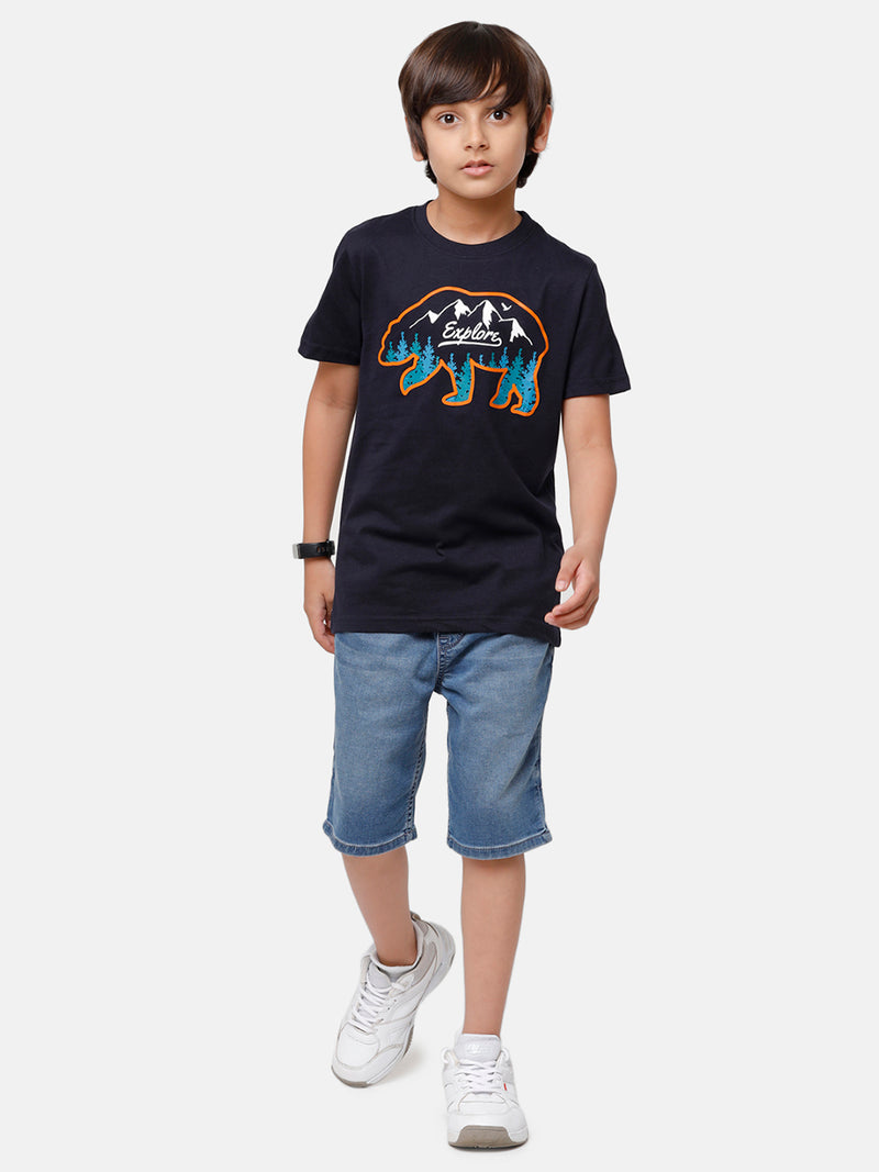 Kids - Boys Printed Half Sleeve T-Shirt Dark Navy Blue