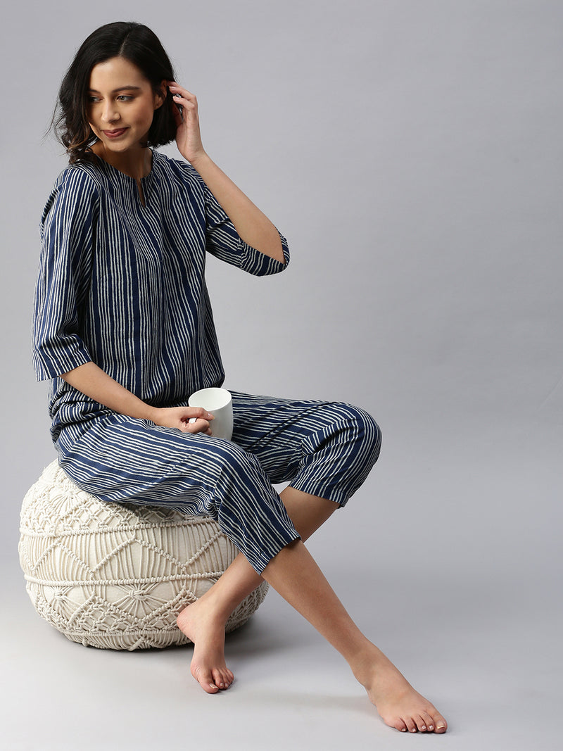 De Moza Ladies Printed Pyjama Set Navy Blue