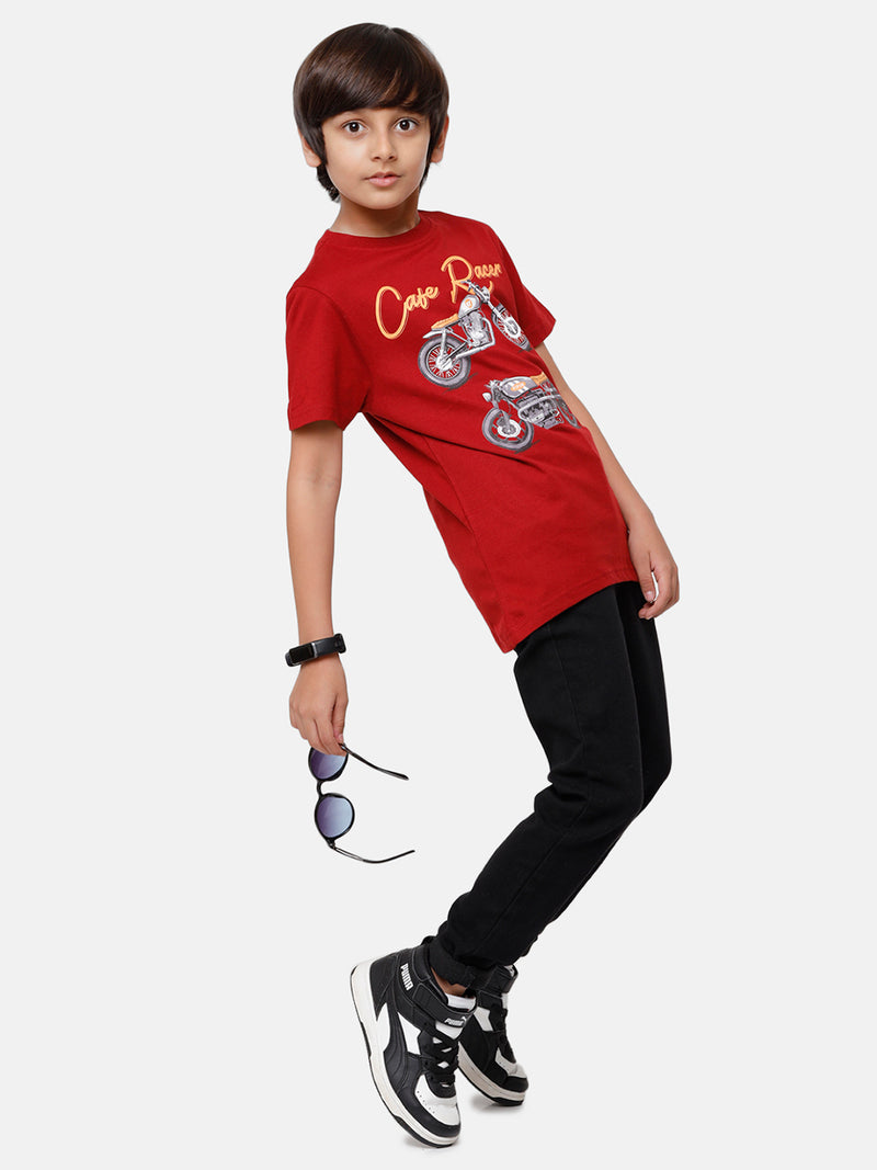 Kids - Boys Printed Half Sleeve T-Shirt Maroon