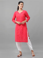 De Moza Womens 3/4Th Sleeve Kurta Solid Cotton Pink - De Moza