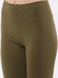 De Moza Ladies Ankle Length Leggings Solid Cotton Olive Green - De Moza