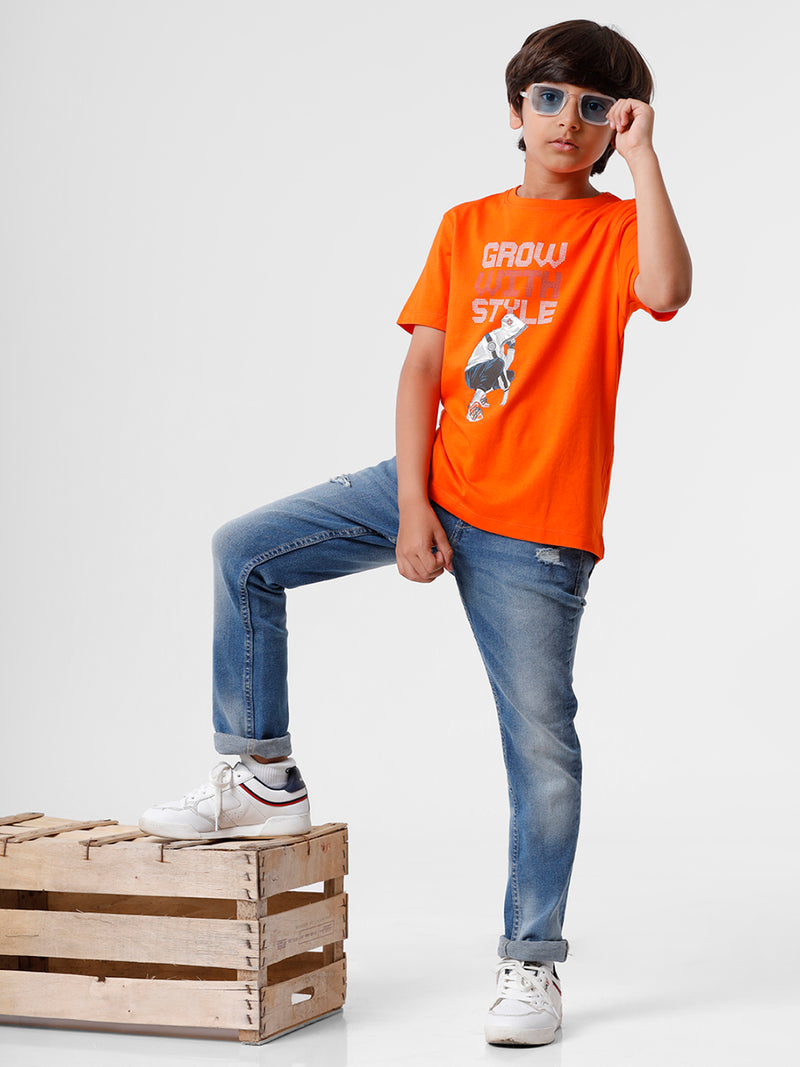 Kids - Boys Printed Half Sleeve T-Shirt Dark Orange