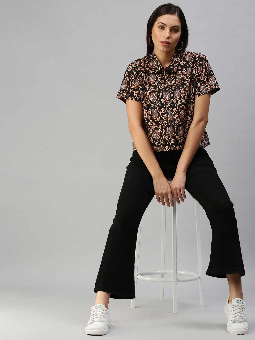 De Moza Women's Printed Half Sleeve Shirt Brown
