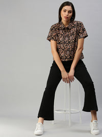 De Moza Women's Printed Half Sleeve Shirt Brown