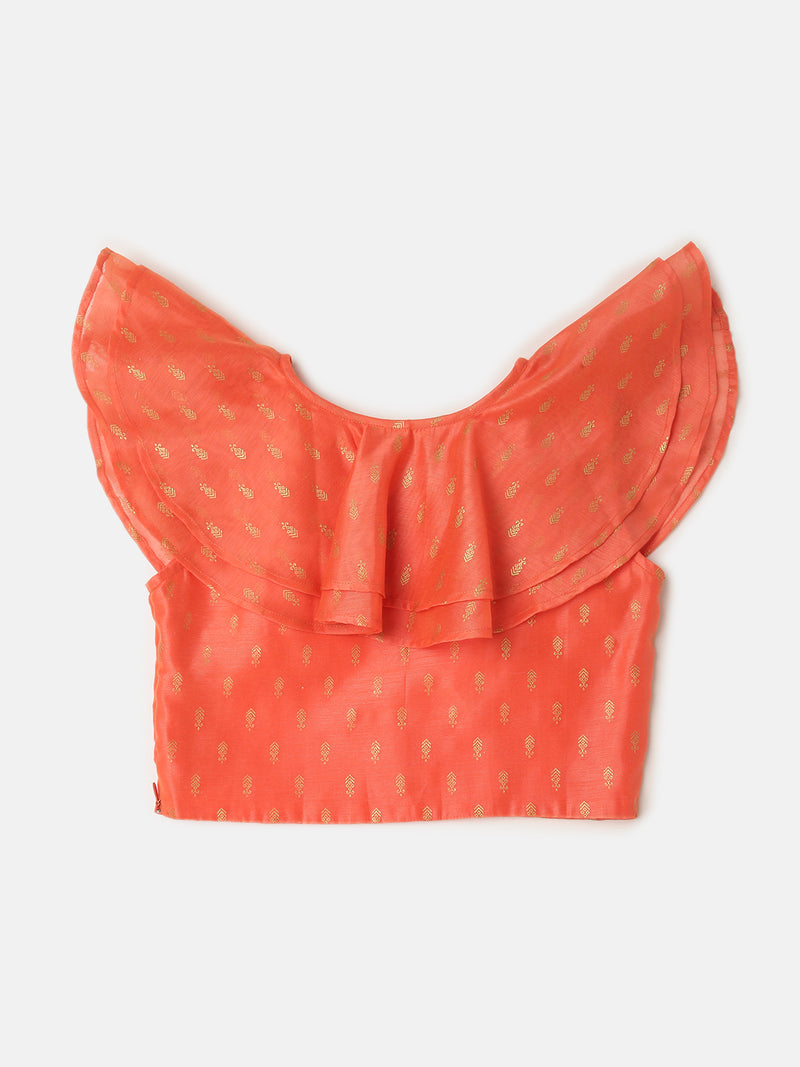 Pipin Girls Printed Lehanga Set Dark Coral